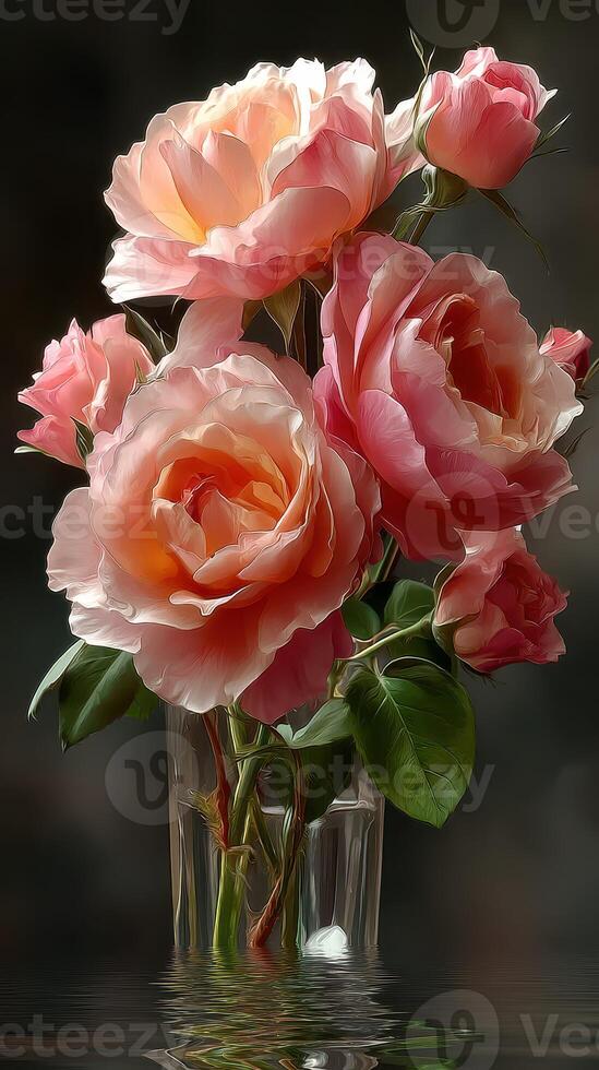 Beautiful bouquet of pink roses arranged in clear glass vase on a dark background photo