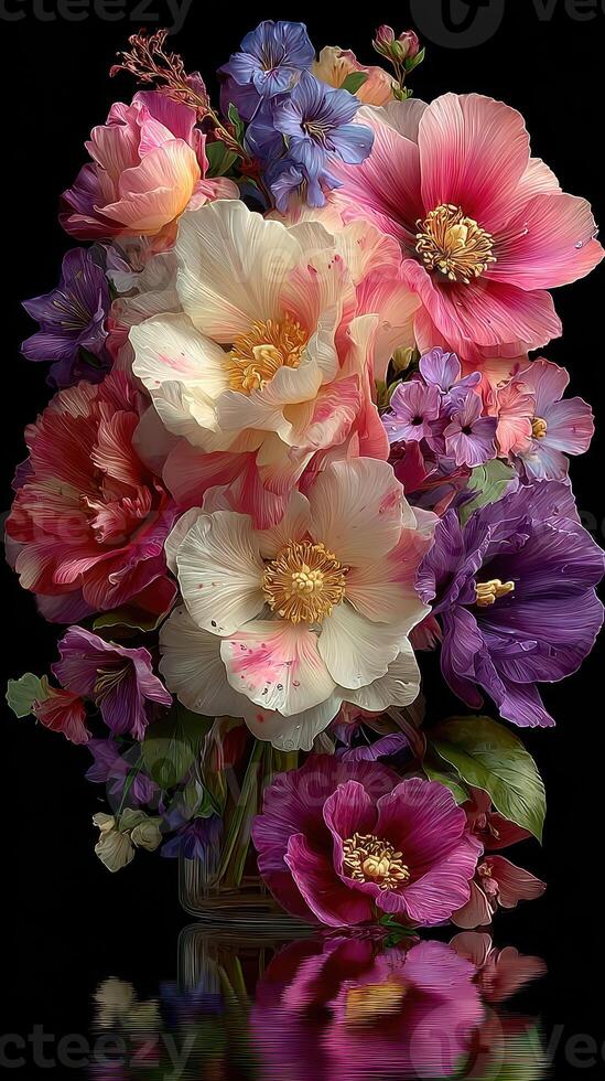 Colorful floral arrangement featuring peonies and wildflowers displayed in a glass vase photo