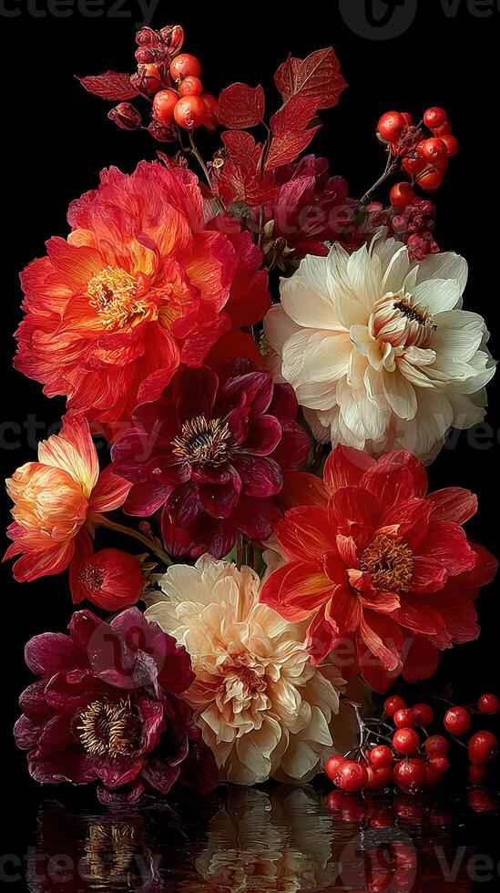 Colorful floral arrangement with assorted blossoms and foliage on a black background during a creative display photo