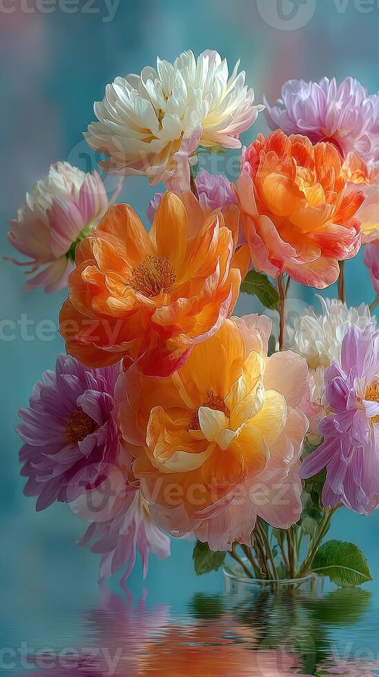 Vibrant bouquet of blooming flowers with various colors reflecting in serene water photo