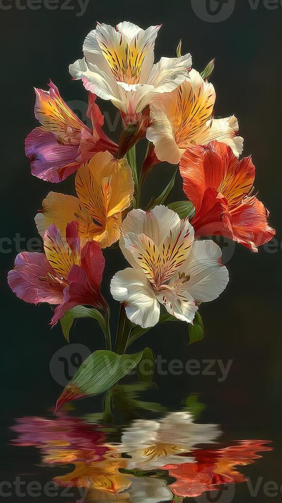 Vibrant bouquet of colorful flowers reflecting in still water in a serene setting photo