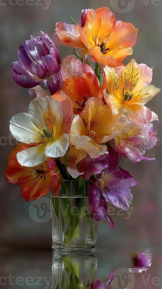 Vibrant bouquet of mixed tulips in a clear glass vase illuminated by soft light photo