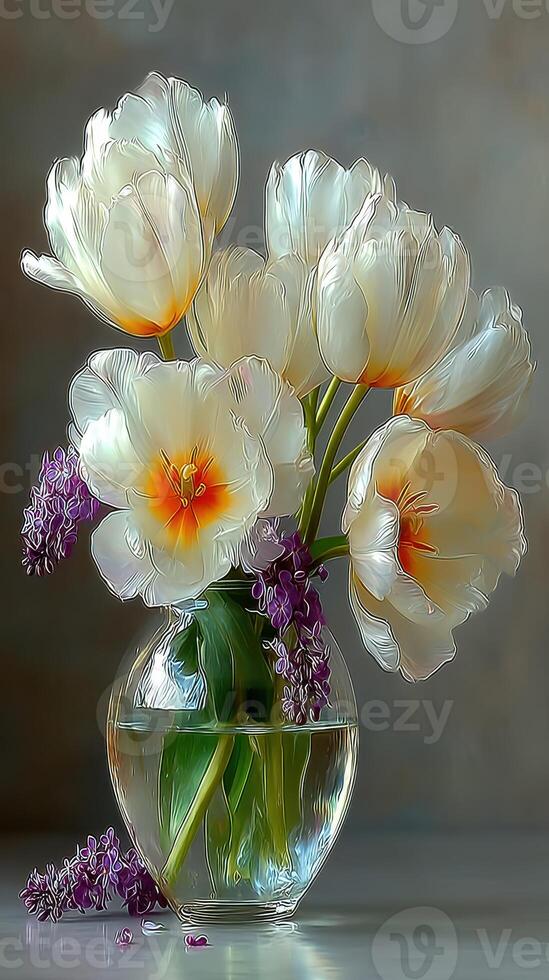 Beautiful arrangement of white tulips and purple flowers in a clear vase on a soft background photo