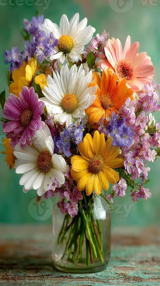 Bright flower bouquet in glass vase with diverse blooms arranged for decorative display in warm light photo