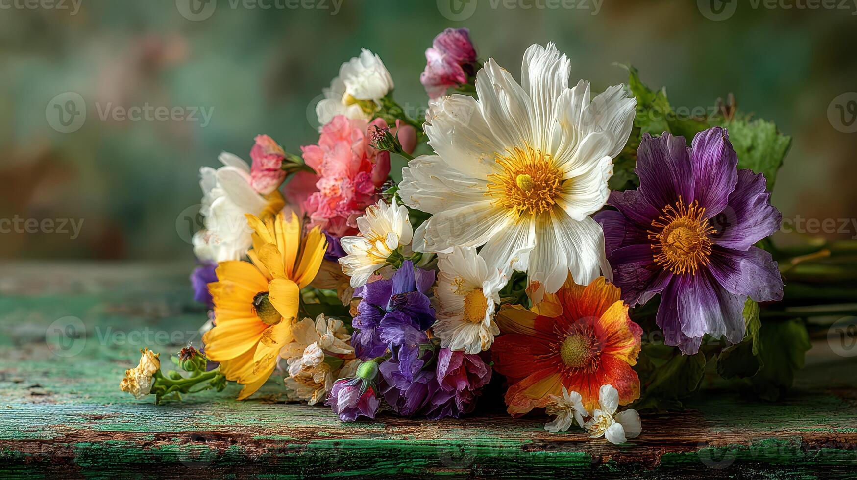 Vibrant bouquet of assorted wildflowers on rustic wooden table in soft lighting during spring photo