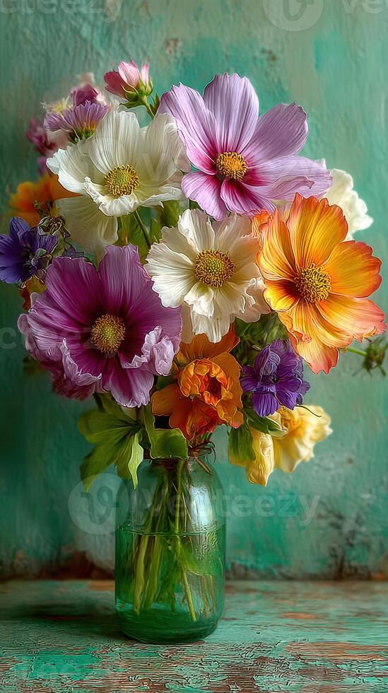 Vibrant bouquet of seasonal flowers in a glass vase against a textured teal background photo