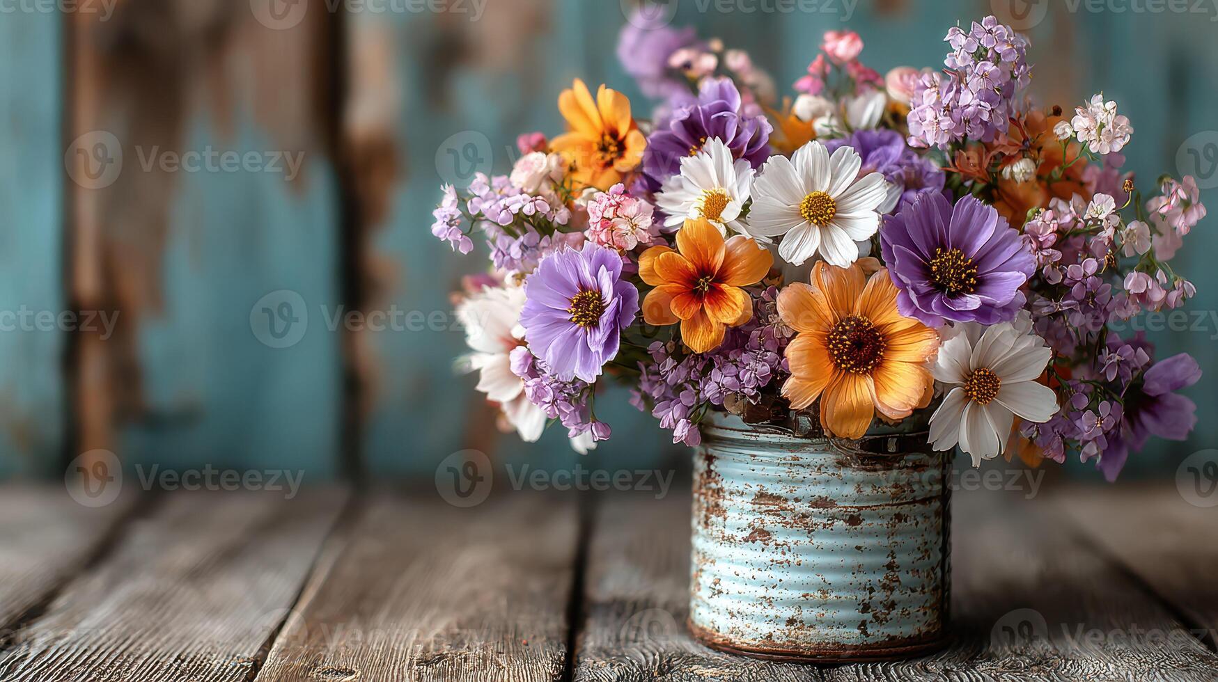 Colorful flower arrangement in a rustic vase resting on a weathered wooden surface photo