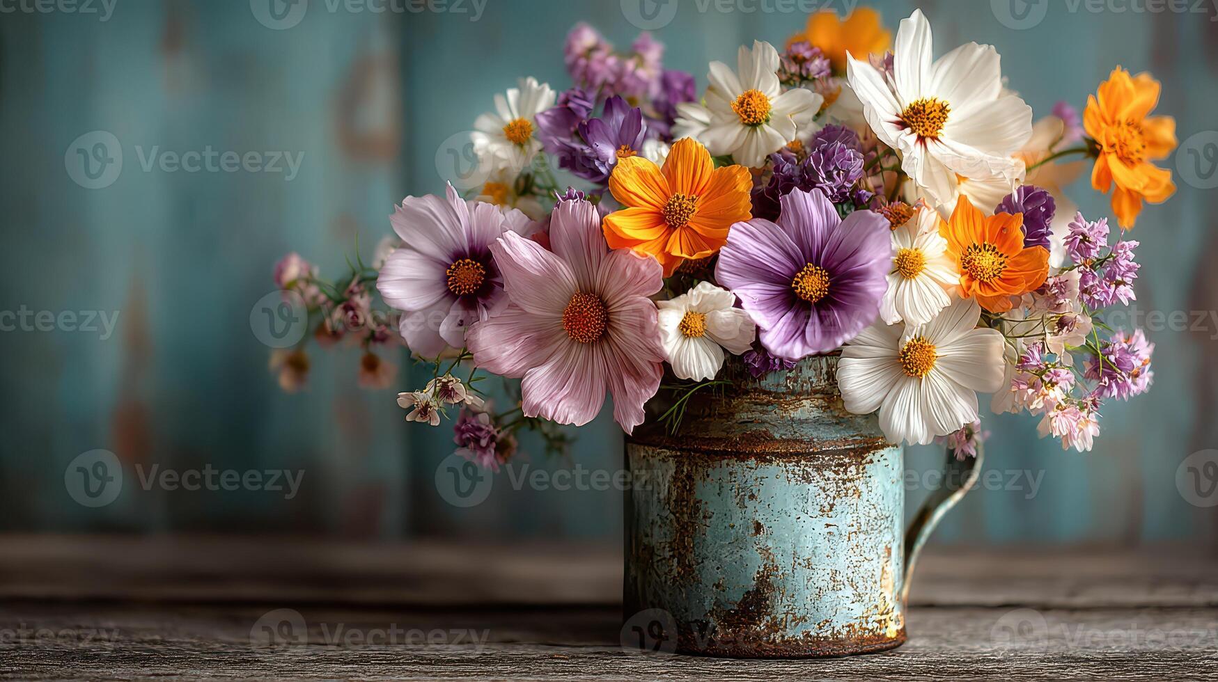 Colorful wildflower arrangement in rustic tin container brightens a wooden table setting photo