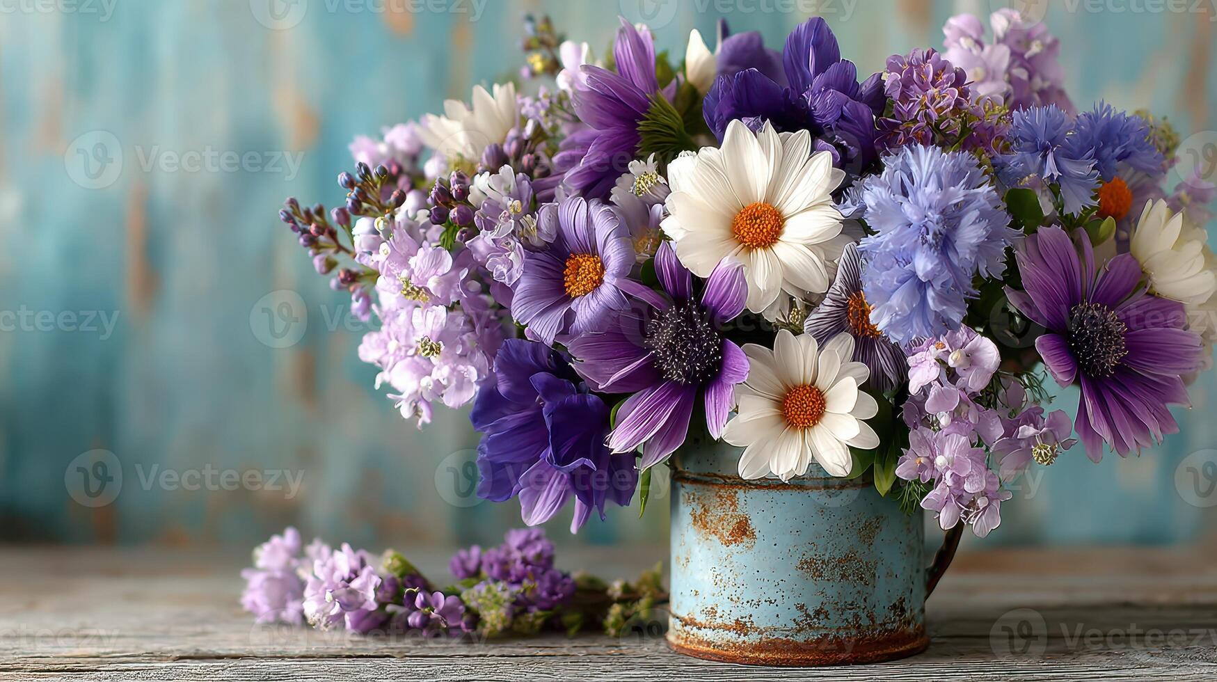 Beautiful bouquet of purple and white flowers in rustic metal vase on wooden table with a textured blue background photo