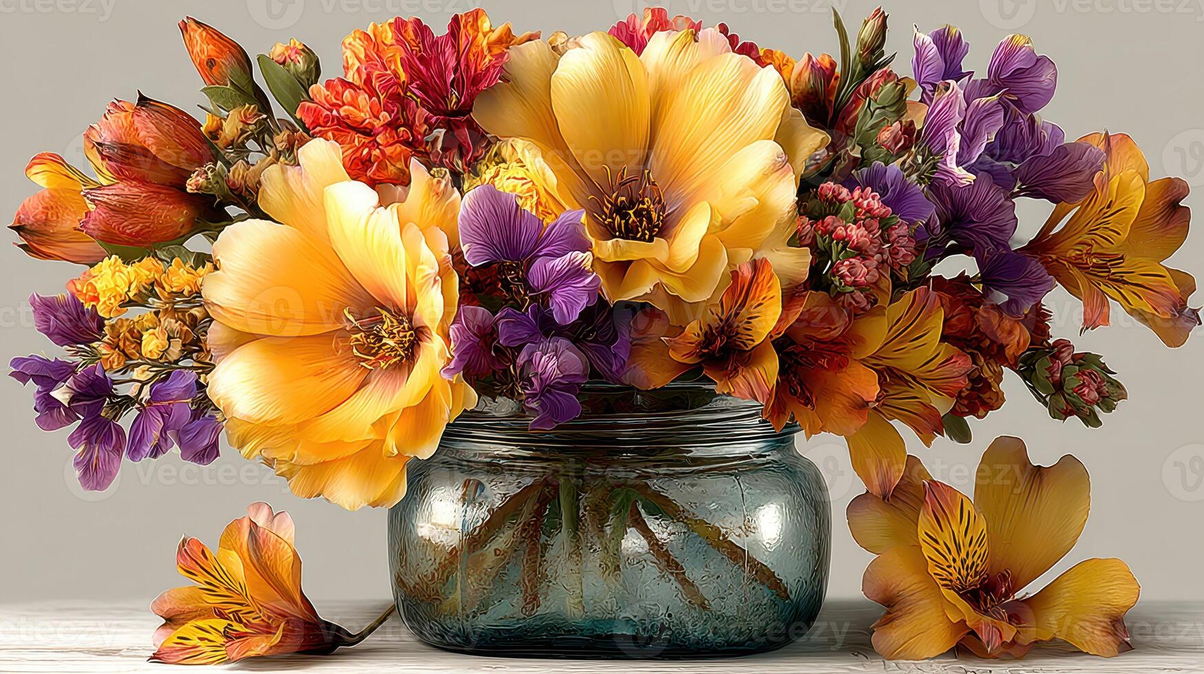 Vibrant flower arrangement in a rustic jar with mixed blooms and colors on a neutral background photo