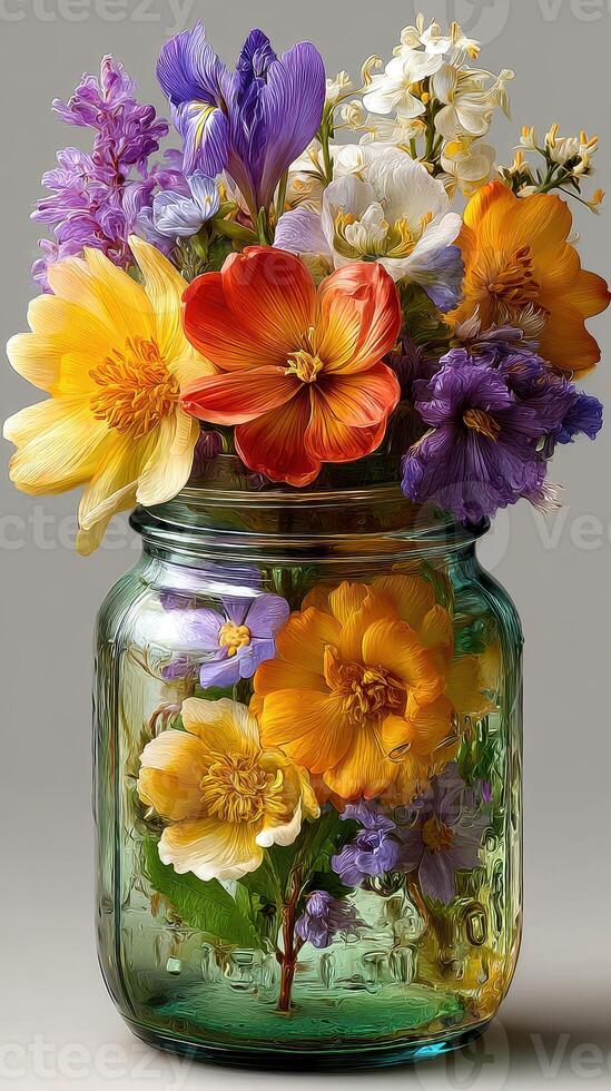 Beautiful colorful flowers in a glass jar displayed on a neutral background photo