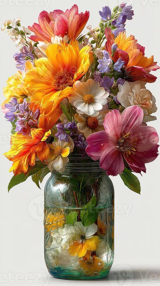 Colorful flower bouquet in a glass jar displayed indoors during daylight photo