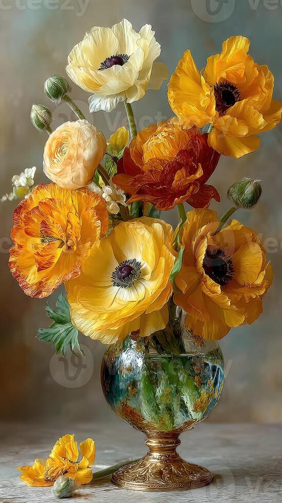Colorful bouquet of poppies in a decorative vase displayed in an indoor setting photo