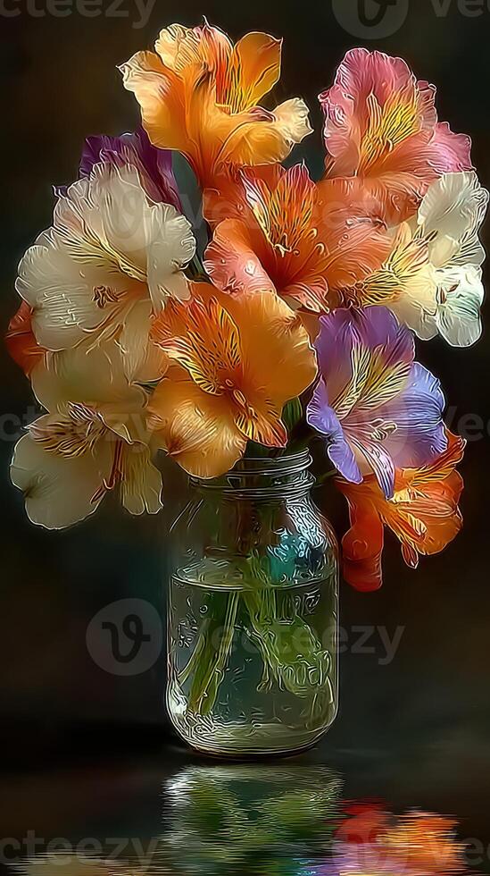 Colorful flowers in a jar reflecting light against a dark background in a cozy setting photo