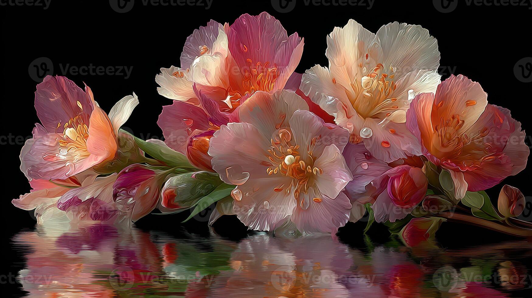 Beautiful flowers in soft pastel colors reflecting on water surface in serene setting photo