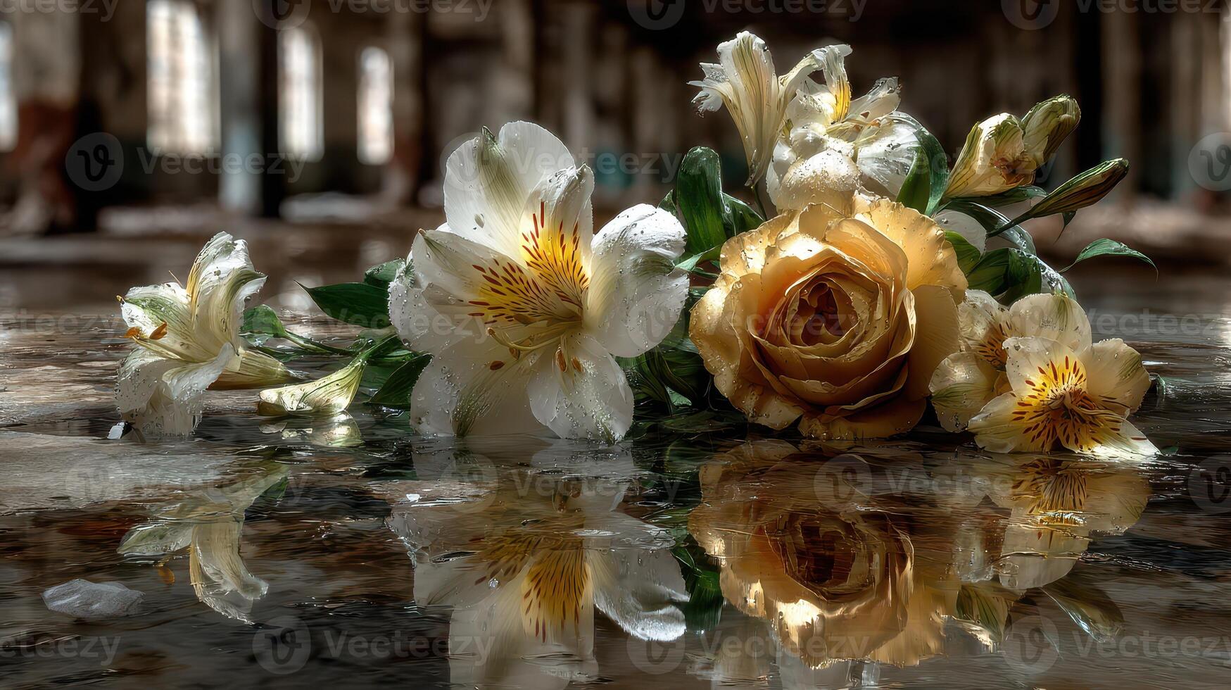 Delicate flowers resting on a reflective surface in an abandoned building during daylight photo