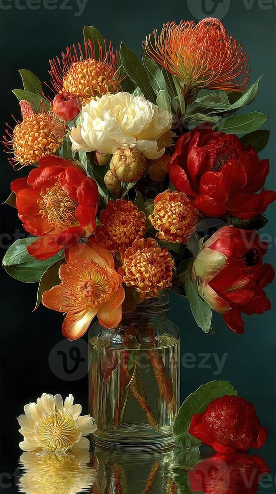 Vibrant floral arrangement showcasing peonies, zinnias, and other blossoms in a glass vase against a dark background photo