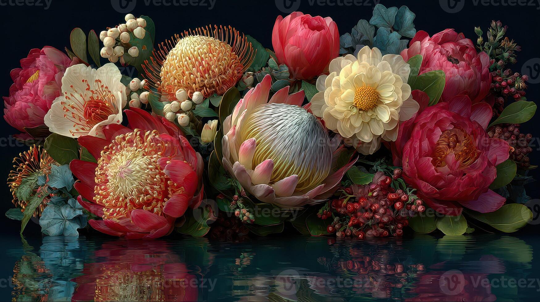 Bright arrangement of diverse flowers reflected in calm water on a serene backdrop photo