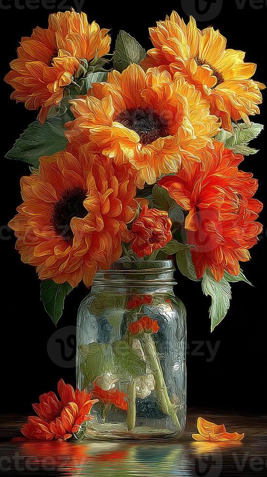Vibrant display of sunflowers in a mason jar against a dark background, showcasing their radiant colors and intricate details photo