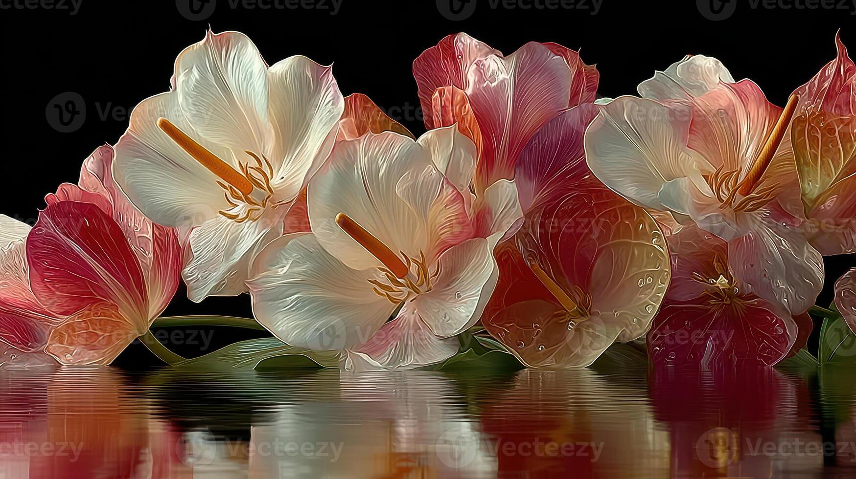 Beautiful pink and white flowers reflected in water showcasing vibrant colors and delicate petals in a serene composition photo