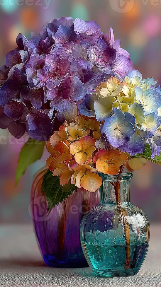 Beautiful arrangement of colorful hydrangeas in decorative vases on a soft background at a home setting photo