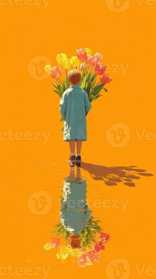 Child with a bouquet of vibrant tulips stands against a bright orange backdrop in a serene moment of reflection photo