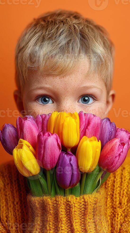 Child holding a vibrant bouquet of tulips against an orange background in a cozy indoor setting photo