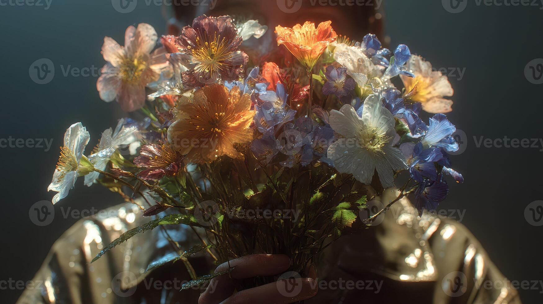 Holding a vibrant bouquet of colorful flowers in a soft illuminated setting during the evening photo