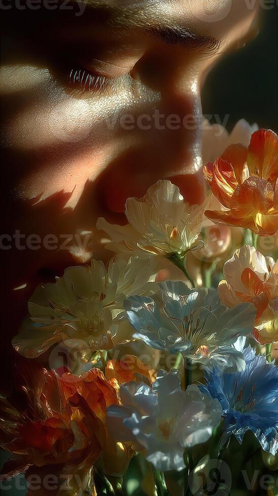 Person inhaling the fragrance of colorful flowers in soft light during a serene moment photo
