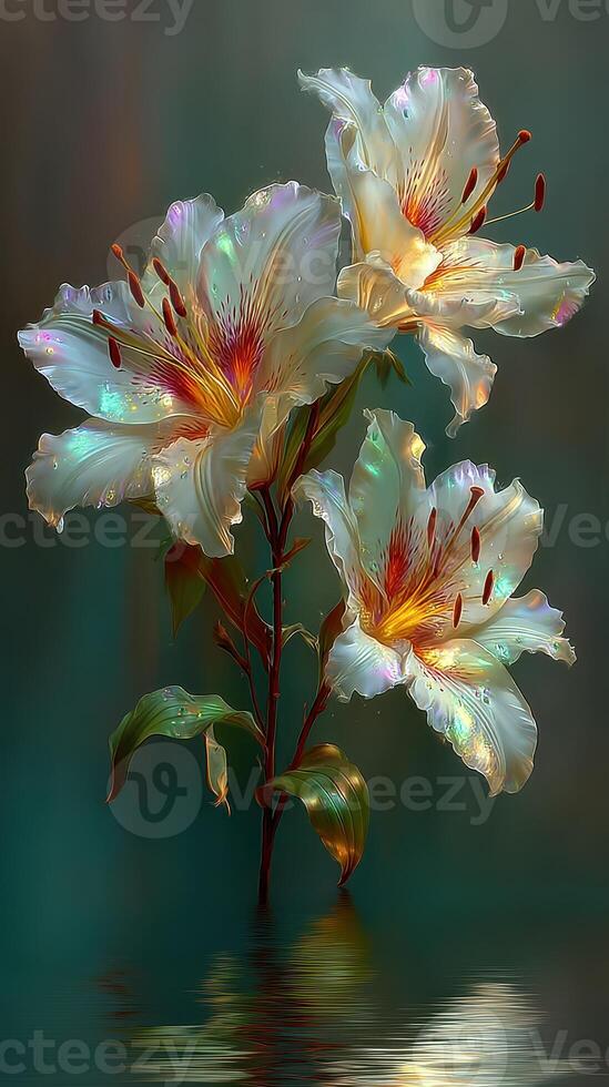 Beautiful white lilies with shimmering petals in still water create a serene atmosphere in a tranquil setting photo