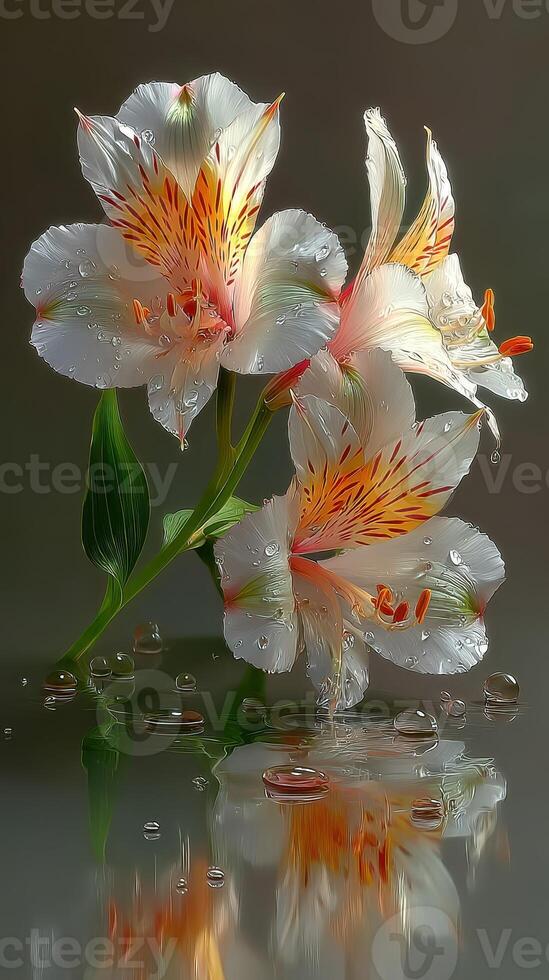Beautiful white and orange flowers with water droplets reflecting in the background photo