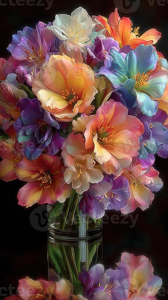 Colorful bouquet of assorted flowers arranged in a glass vase on a dark background photo