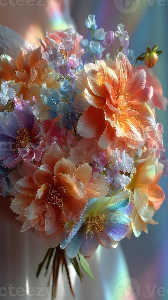 Vibrant bouquet of pastel flowers arranged elegantly in a soft, lit background during daylight photo