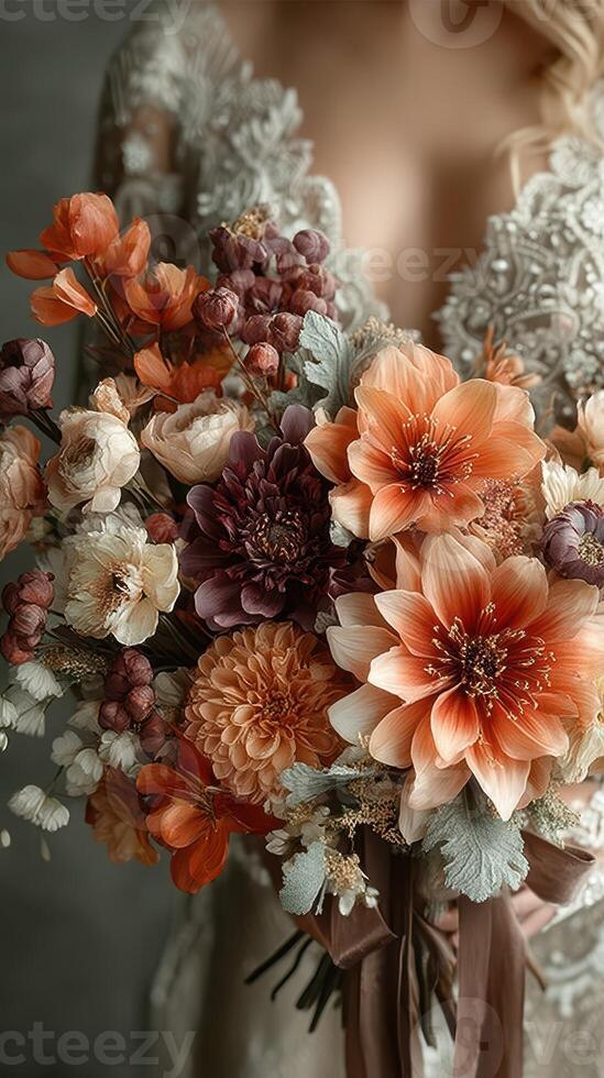 Elegant floral bouquet held by bride in autumn setting featuring warm colors and natural textures at a wedding celebration photo