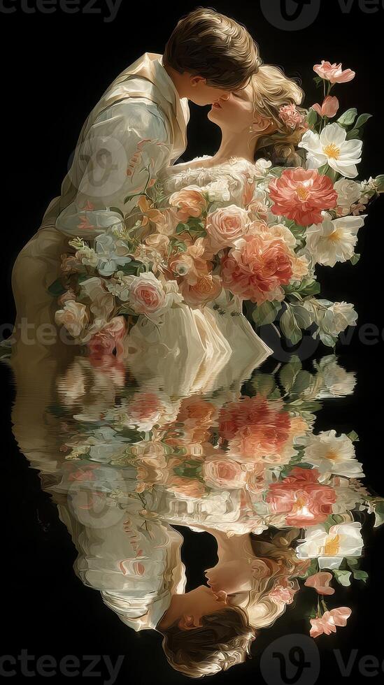 Couple embracing amid vibrant flowers with reflection in tranquil water showcasing romance and beauty photo