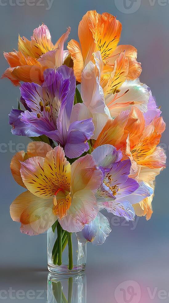 Colorful bouquet of alstroemeria flowers in a glass vase capturing the essence of a vibrant spring day photo