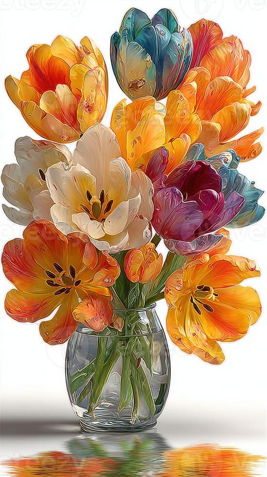 Bright and colorful bouquet of tulips in a clear glass vase on a white background photo