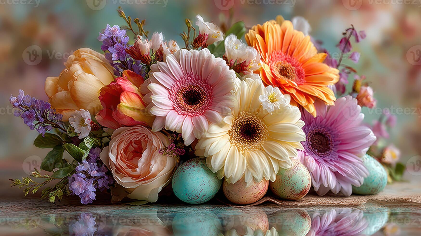 Bright floral arrangement with pastel Easter eggs displayed on a reflective surface photo