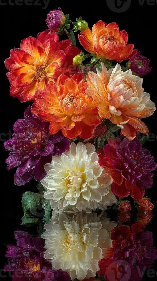 Vibrant floral arrangement showcasing diverse blooms captured against a dark background with reflective surface photo