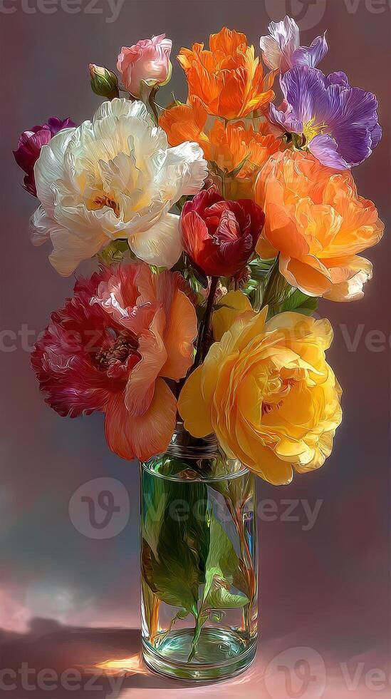 Colorful flower bouquet in a glass vase showcasing vibrant blooms arranged artfully on a soft background photo