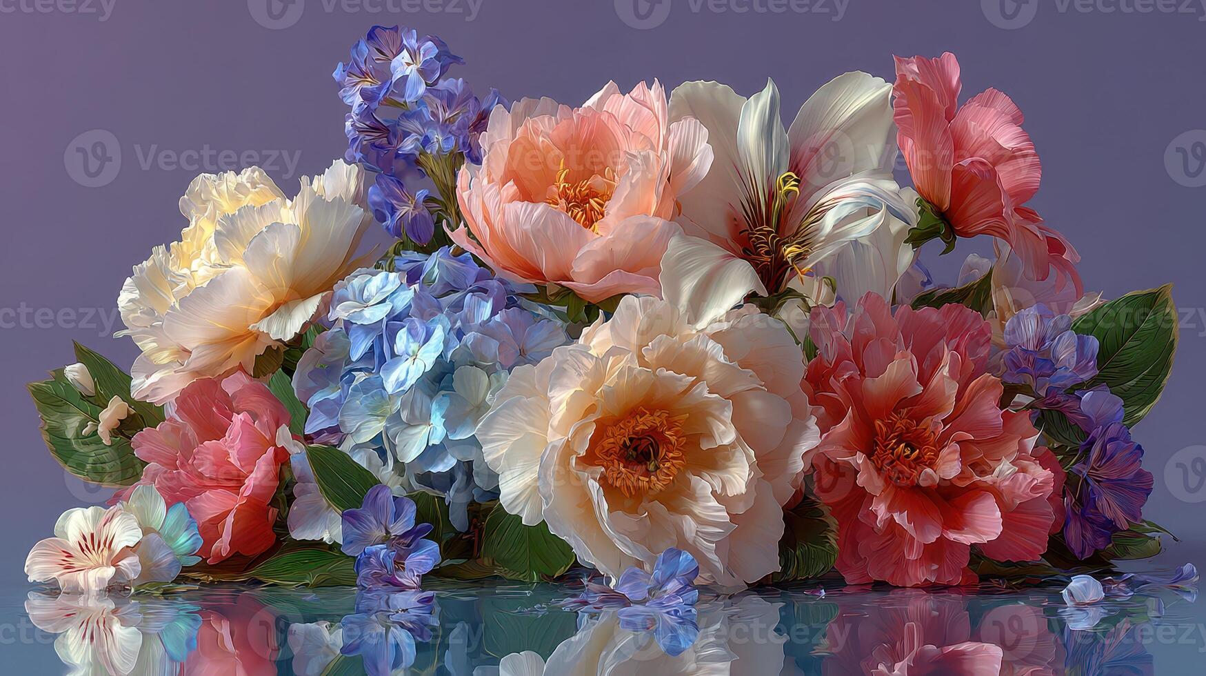 Colorful floral arrangement featuring various spring flowers against a purple background near sunset photo