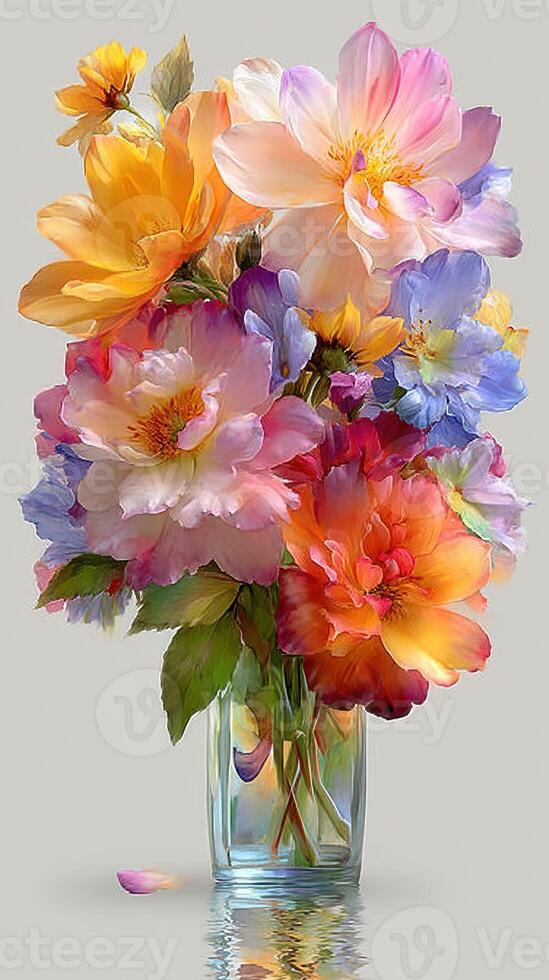 Colorful bouquet of fresh flowers in a glass vase on a neutral background showcasing the beauty of spring photo
