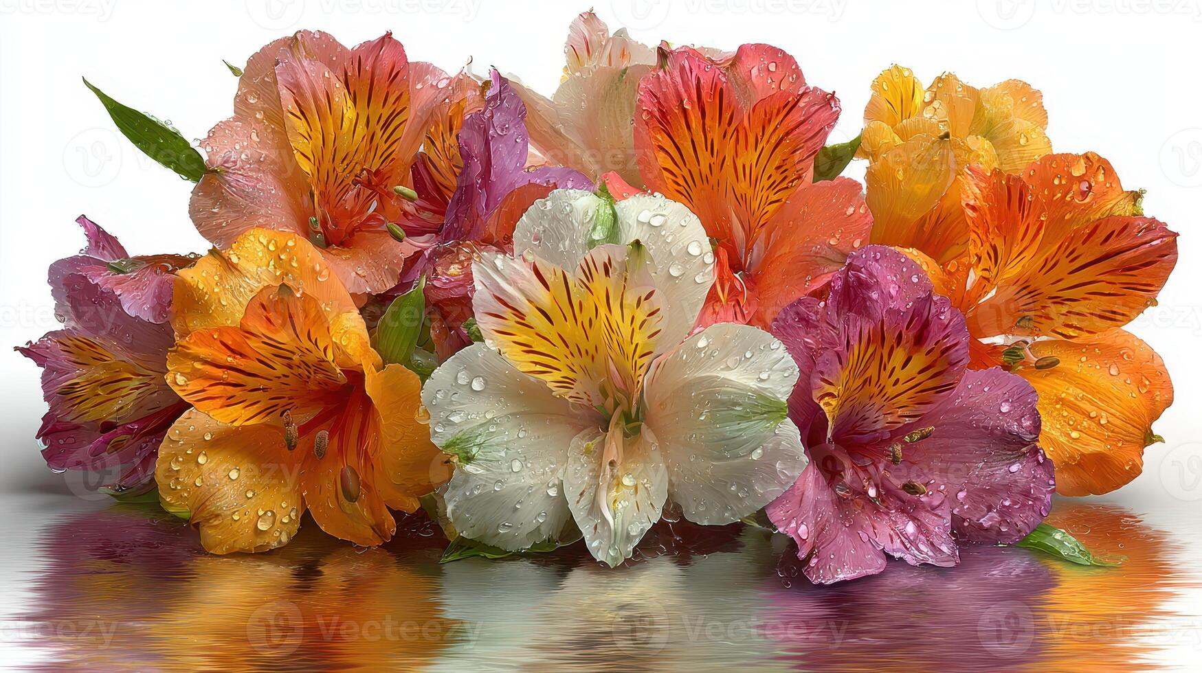 Colorful alstroemeria flowers with water droplets arranged elegantly on a reflective surface photo