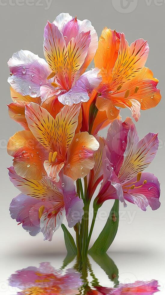 Colorful arrangement of flowers with water droplets showcased in a bright setting during daylight photo