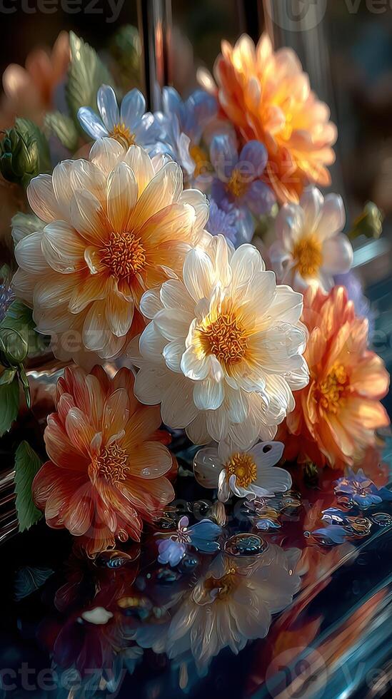 Bright flowers resting on smooth surface reflecting soft hues during early morning light photo