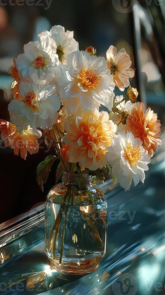 Vibrant bouquet of colorful flowers in a glass vase on a classic car hood during a sunny day photo