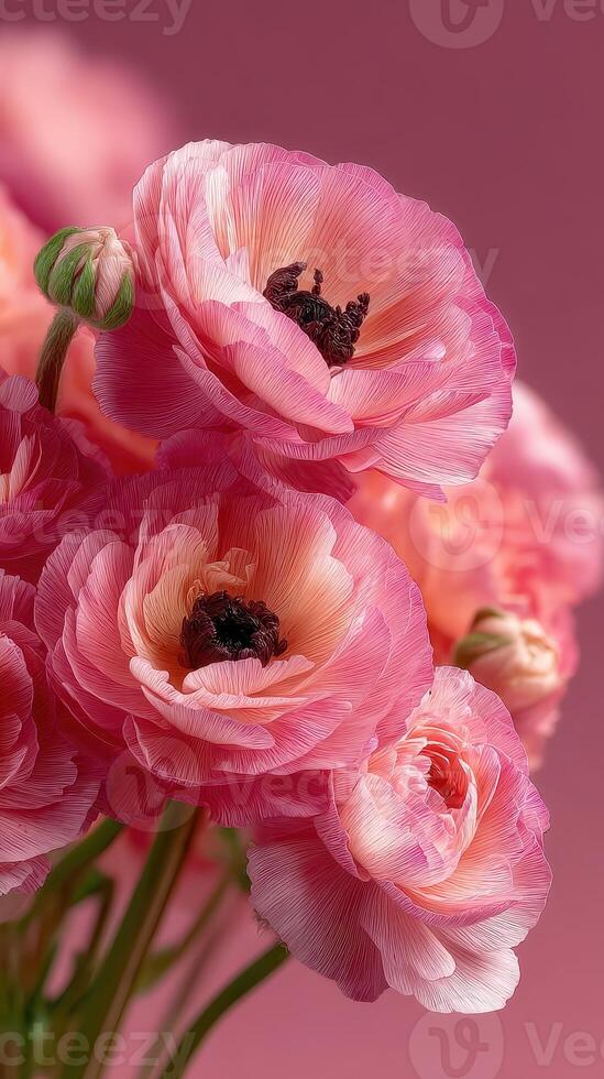 Vibrant pink ranunculus flowers bloom against a soft gradient background in a close-up arrangement photo