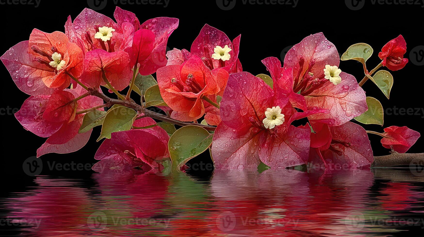 Bougainvillea flowers resting peacefully on calm water reflecting vibrant colors in serene atmosphere photo
