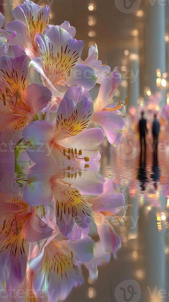 Elegant pink flowers reflect beautifully in calm water, showcasing a serene indoor setting with blurred figures in the background photo