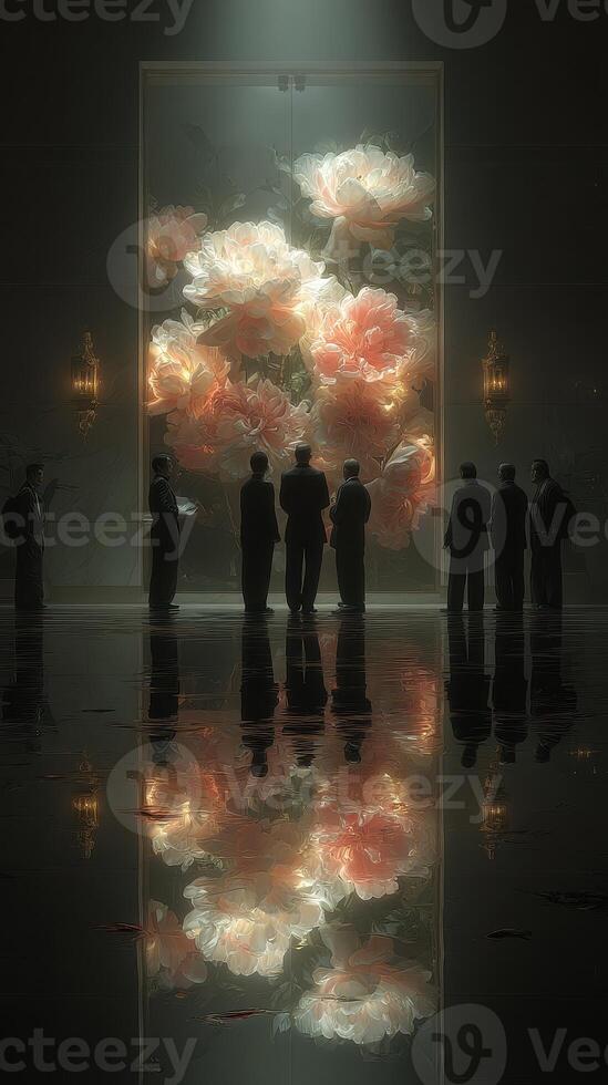 Elegant gathering of figures admiring floral display at a sophisticated venue illuminated by soft light photo